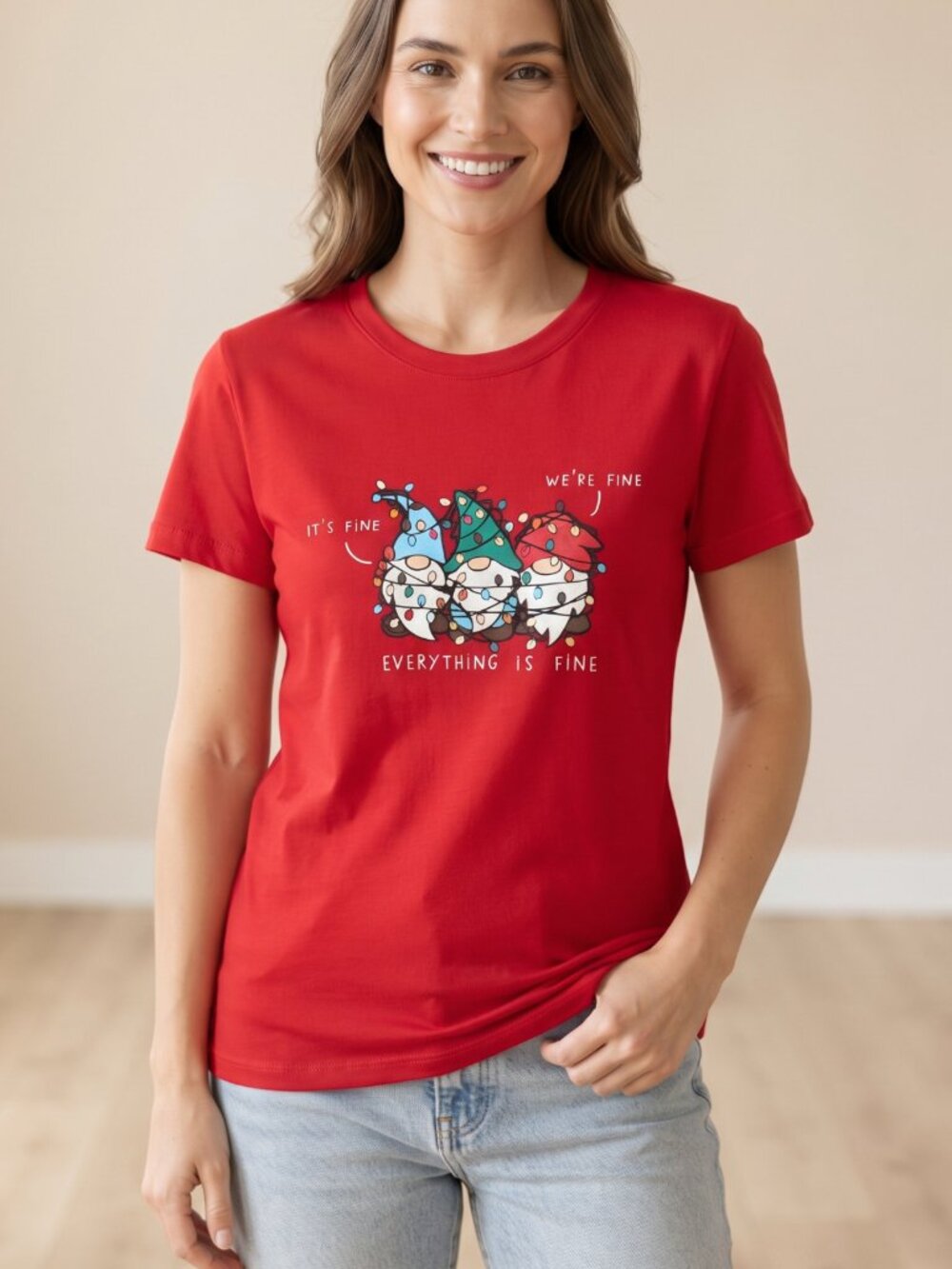 NWOT Funny Christmas Gnomes Everything Is Fine Red T-Shirt Medium